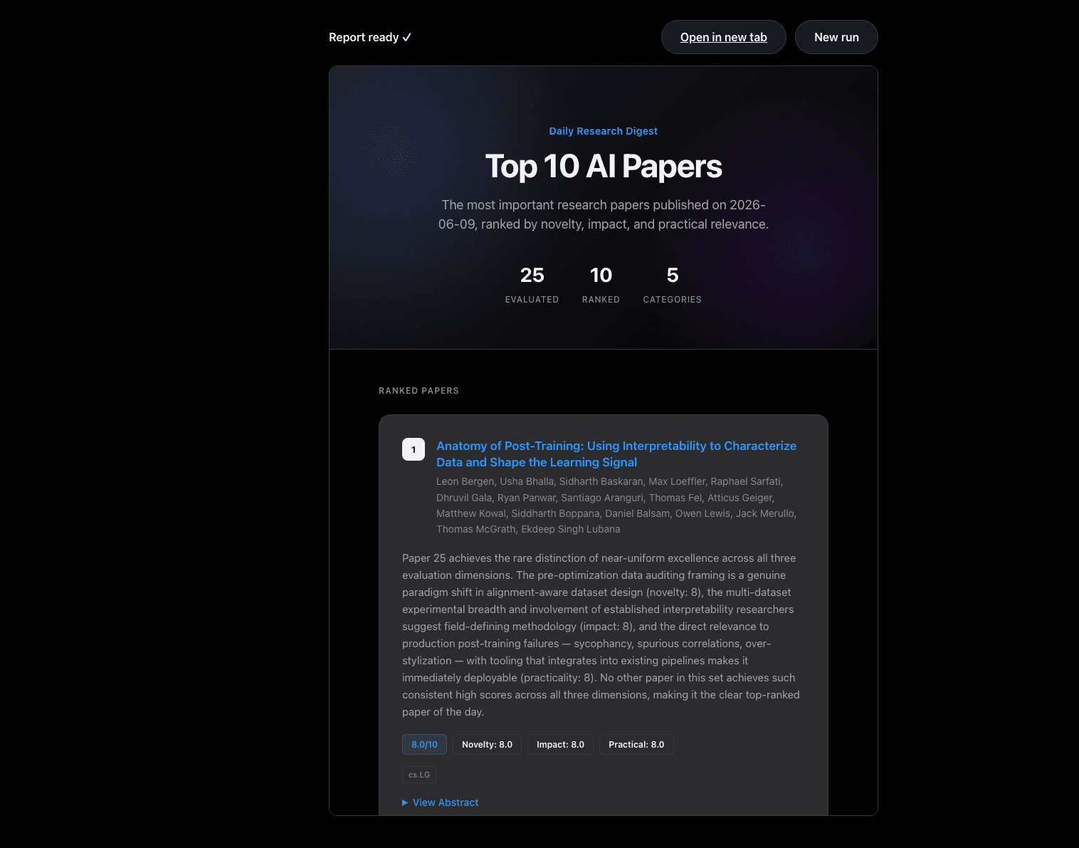 The generated report: top ten papers, scored and ranked
